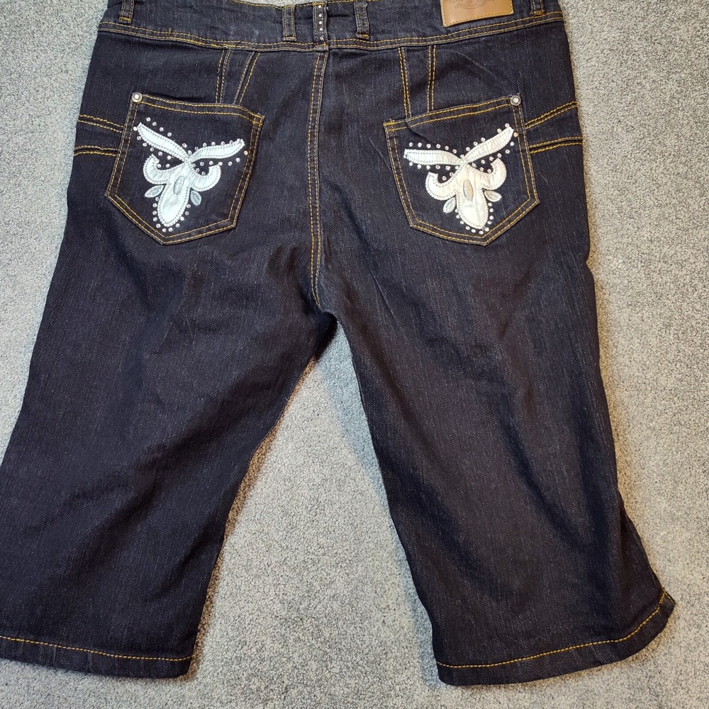 Sexsi Pompis Jeans Womens 14 Black Denim Distressed Capri Rhinestone Tapered